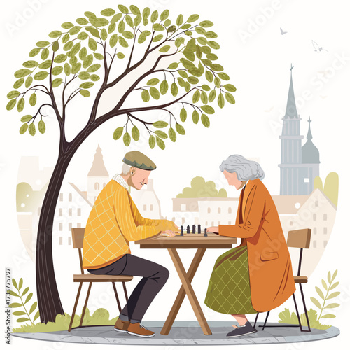 Vector art of elderly couple enjoying a chess game in the park under a tree, with a picturesque cityscape backdrop, creating a serene and intellectual atmosphere
