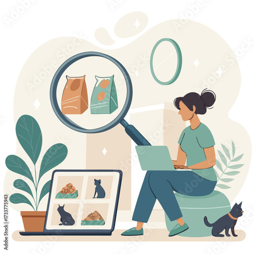 Vector art of woman is sitting with a laptop and looking at cat food through a magnifying glass, choosing the best food for her pet, online shopping concept