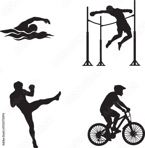 Four Sport Silhouettes Swimming High Jump Kickboxing and Mountain Biking.