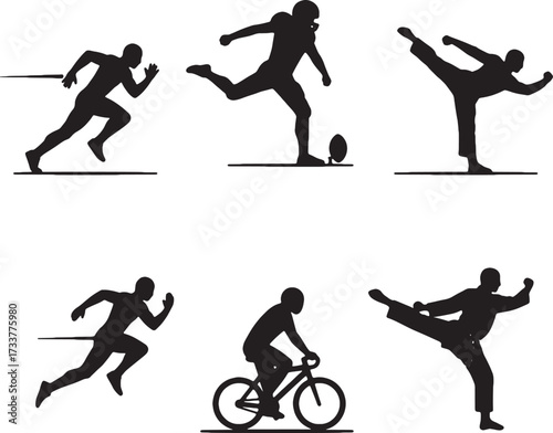 Silhouetted Athletes Running Kicking Football Cycling Martial Arts Diverse Sports.