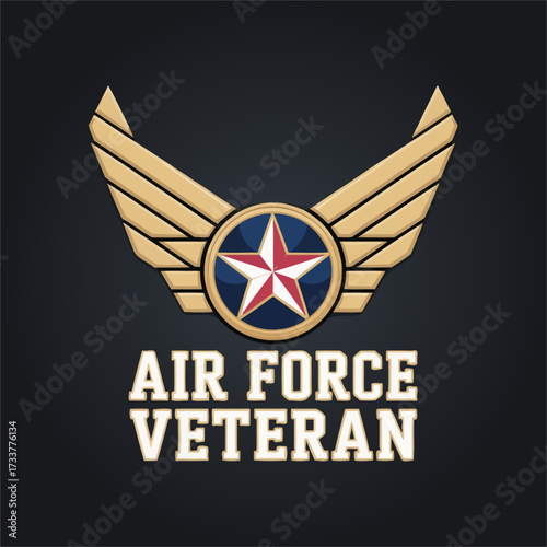 air force veteran emblem, golden wings around star, dark background, military pride insignia, classic aviation heritage vector
