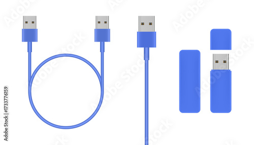 Blue USB cables and USB flash drive. USB plug with wire loop	