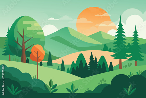 Colorful Landscape Rolling Green Hills, Rising Sun, and Lush Trees Silhouette Art