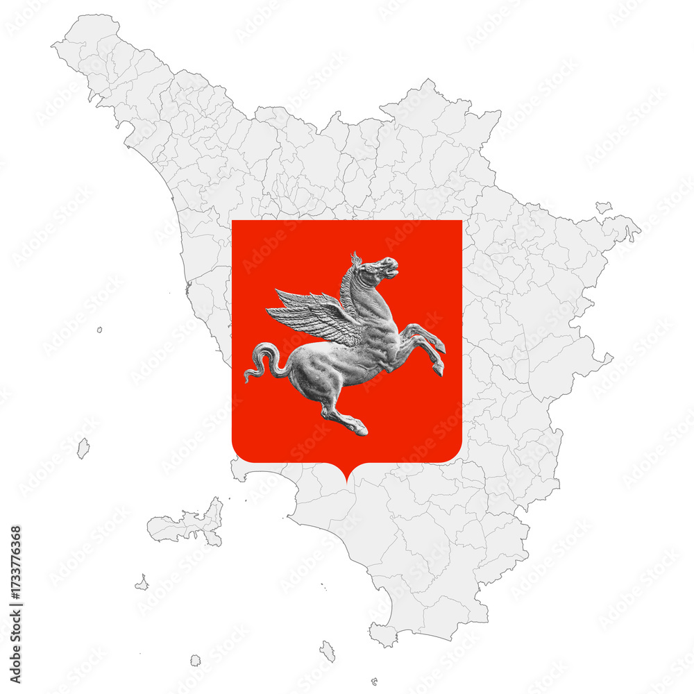 Fototapeta premium Tuscany regional coat of arms with Pegaso symbol and map, Italy, illustration