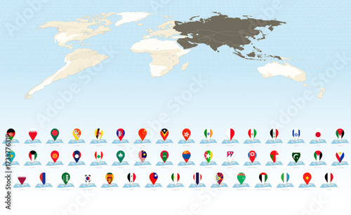 Maps of the World with Asian Country Pin Flags.