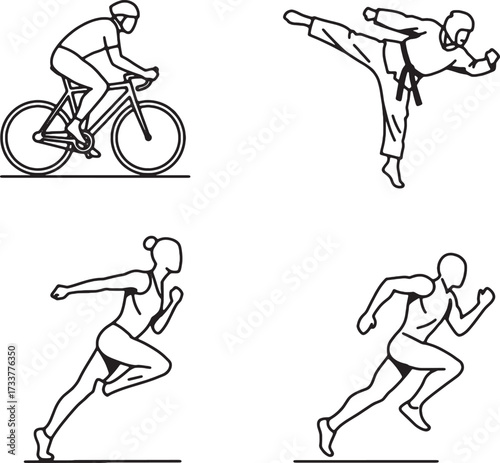 Line art illustration of cyclist martial artist and two runners in motion.