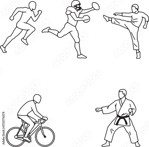 Line Art Illustration of Diverse Athletes in Various Sports Poses.