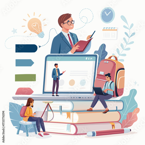 Vector art of online education concept with students learning from home using laptop and books, teacher giving lecture