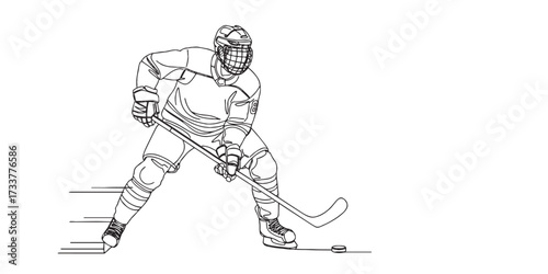 Minimal line art illustration of an ice hockey player in full protective gear, skating and controlling the puck with a hockey stick, symbolizing speed, strength, winter sports