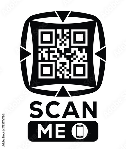 Minimalist black and white QR code label design with "SCAN ME" message, modern style, ideal for marketing, digital menus, business promotions, and mobile-based contactless solutions.	