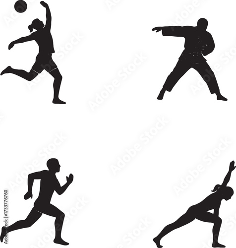 Silhouettes of Athletes in Various Sports Poses Including Volleyball Shot Put Running and Stretching.