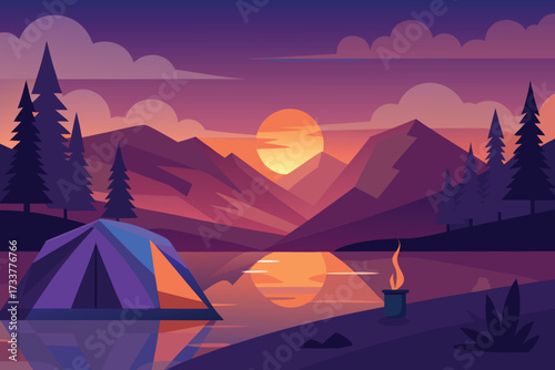 Evening Camping with Tent, Lake, Mountains, and Sunset in Illustration Style