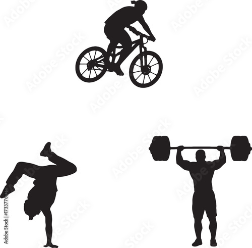 Silhouettes of Cyclist Acrobat and Weightlifter in Action Poses.