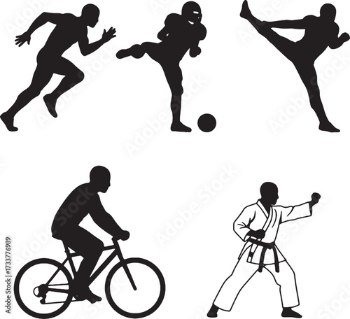 Silhouettes of Diverse Athletes in Action Running Football Cycling and Martial Arts.