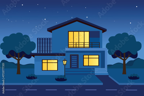 Night View of City Buildings. Residential Building at Night.  Minimalist Home at Night. House lamps. Peaceful Night at Home. Starry nights home.