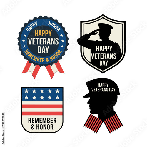 Veterans day badge set, remember and honor ribbons, shield emblems, patriotic labels collection, printable stickers, vector graphics