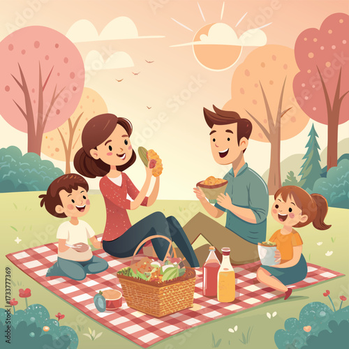 Vector art of happy family enjoying a picnic in the park on a sunny day, sitting on a blanket with a basket of food, drinks, and a warm atmosphere