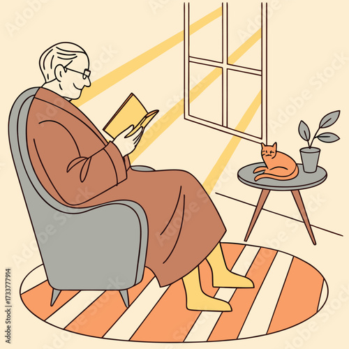 Vector art of an elderly man is relaxing in an armchair, reading a book, with a cat sleeping on a table next to a window, enjoying a peaceful afternoon