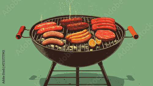 Vector illustration of a charcoal grill with different meats and sausages