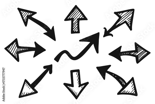 HandDrawn Black Arrows Pointing in Various Directions with Hatching and White Background