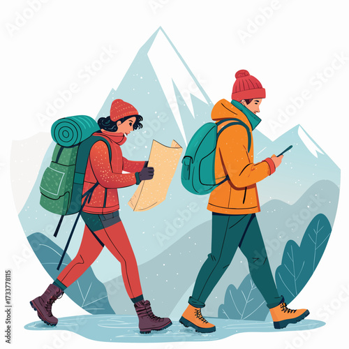 Vector art of two hikers, a man and a woman, are walking through a snowy mountain landscape, consulting a map and a phone, enjoying the winter adventure