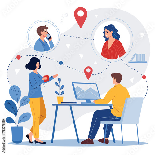 Vector art of a group of colleagues is working together remotely, using video conferencing and location sharing to stay connected and collaborate effectively