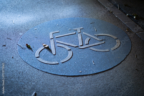 Fahrradsymbol auf Fahrradweg in Wien bei Nacht