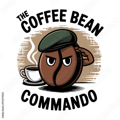 Coffee bean commando emblem, cartoon soldier bean, steaming cup accent, humorous cafe icon, retro patch design, vector