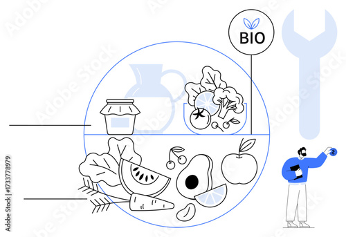Fresh fruits, vegetables, and organic jar emphasize healthy eating. Bio label highlights sustainability and eco-friendly focus. Ideal for wellness, nutrition, organic farming, bio certification