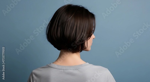 Rear view of a woman with a short dark brown bob haircut against a blue background.