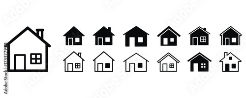 WebCollection of simple, modern house icons in black and white representing diverse residential architecture and property concepts for design projects