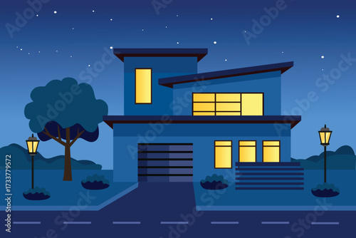 Modern Home Night Scene. Modern Architecture Night Illustration. Night View of Minimalist House. Residential area. City house building.