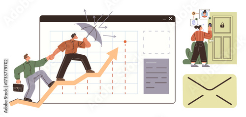 Team advances on growth curve shielded by umbrella, guarded by cyber security measures and communication envelope. Ideal for teamwork, protection, growth, strategy, security, communication