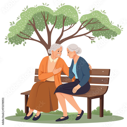 Vector art of two elderly women are sitting on a bench under a tree, sharing stories, offering comfort, and enjoying the peacefulness of the park
