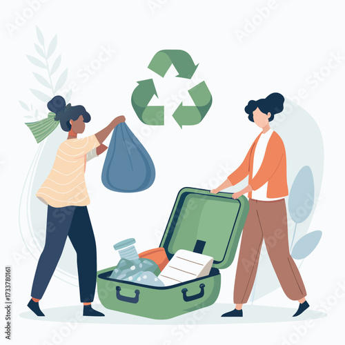 Vector art of two women packing a suitcase with recyclable materials for a sustainable travel, ecofriendly tourism concept