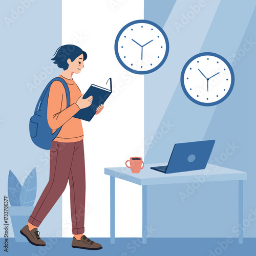 Vector art of a student is reading a book at a desk with a laptop, a cup of coffee, and two clocks on the wall, illustrating a study or work environment