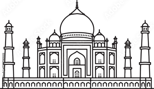Taj Mahal Line Art. Agra India Landmark Silhouette. Architecture Symbol. Building Icon. Place.
