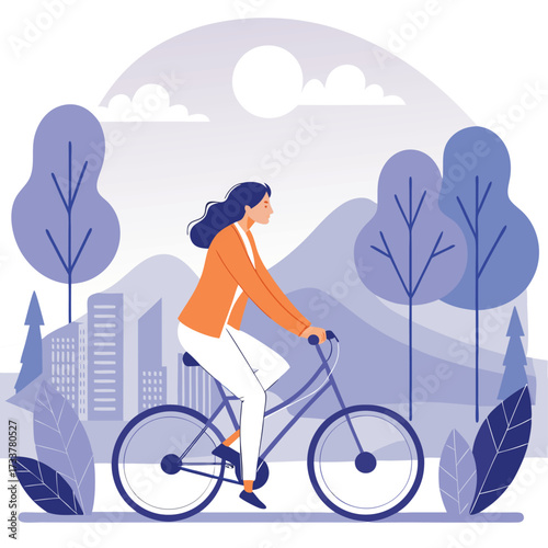 Vector art of a woman in an orange blazer enjoys a leisurely bicycle ride through a serene park with mountains and city buildings in the background illustration