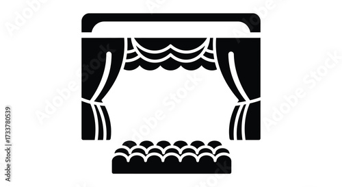 Simple black and white icon depicting a stage with curtains and seating