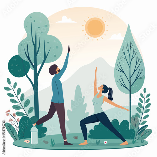 Vector art of a man and a woman are doing yoga in the park on a sunny day, surrounded by trees and plants, enjoying the fresh air and beautiful scenery