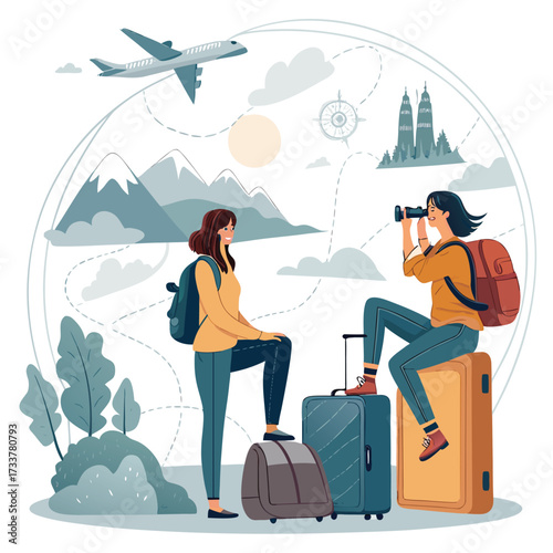 Vector art of two female tourists are planning their travel adventure, with airplane, mountains, and landmarks in the background, ready to explore the world