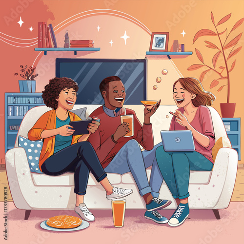Vector art of three friends laughing together while sitting on a sofa in the living room, enjoying a movie night with snacks and drinks, having fun and relaxing