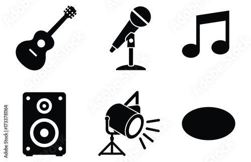 WebDynamic collection of music and performance icons featuring a guitar, microphone, speaker, spotlight, and musical notes, perfect for creative projects and event promotion.