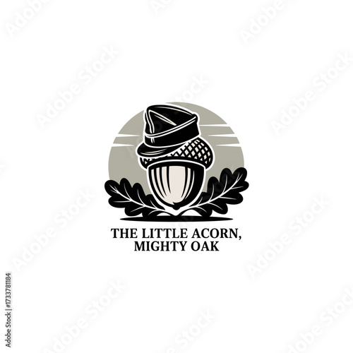 monochrome acorn crest, vintage heraldic badge with leaves, mighty oak theme, classic engraving style, emblem vector