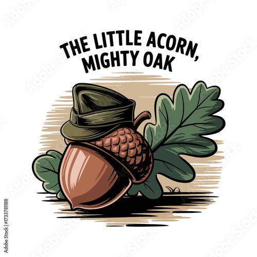 little acorn mighty oak emblem, acorn with cap and leaves, growth potential message, woodland badge, inspirational vector