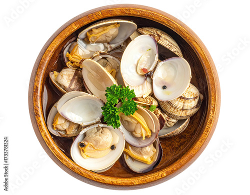 Overhead shot of steamed clams in a wooden bowl, garnished with parsley
