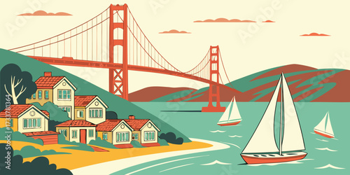 Flat vector illustration of San Francisco featuring Golden Gate Bridge stretching across the bay, sailboats on the water, colorful Victorian houses on hills in the background, vibrant California-inspi