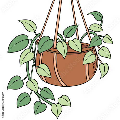 The planter itself is a curved, brown/terracotta-colored pot suspended by three thin pink/tan straps. It holds a vining plant with numerous light green, heart-shaped leaves that trail down the left.