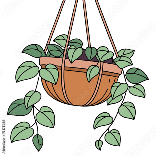 The planter itself is a curved, terracotta-colored pot suspended by three thin pink/tan straps. It holds a vining plant with numerous light green, heart-shaped leaves that trail down from the sides.