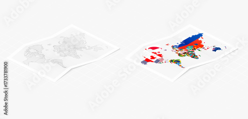 World Map Set with Flags and Blank Outline.